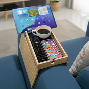 REVIV Bamboo Sofa Arm Tray Table - Eco-Friendly Foldable Design with Cup Holder & Device Slots for Cozy Movie Nights & Relaxed Meals