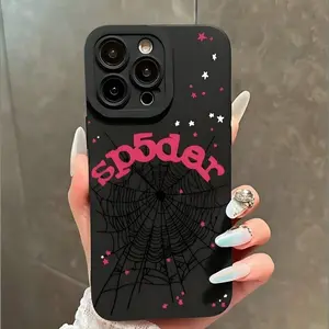 Stylish Black Phone Case with Spider Web & Letters Design for iPhone 11/12/13/14/17 Pro Max, Galaxy S22/S24/S25 Ultra