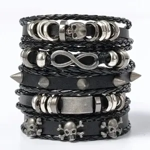 5pcs Metal Diy Braided Punk Style Bracelet Set, Featuring Pu Leather And Beads