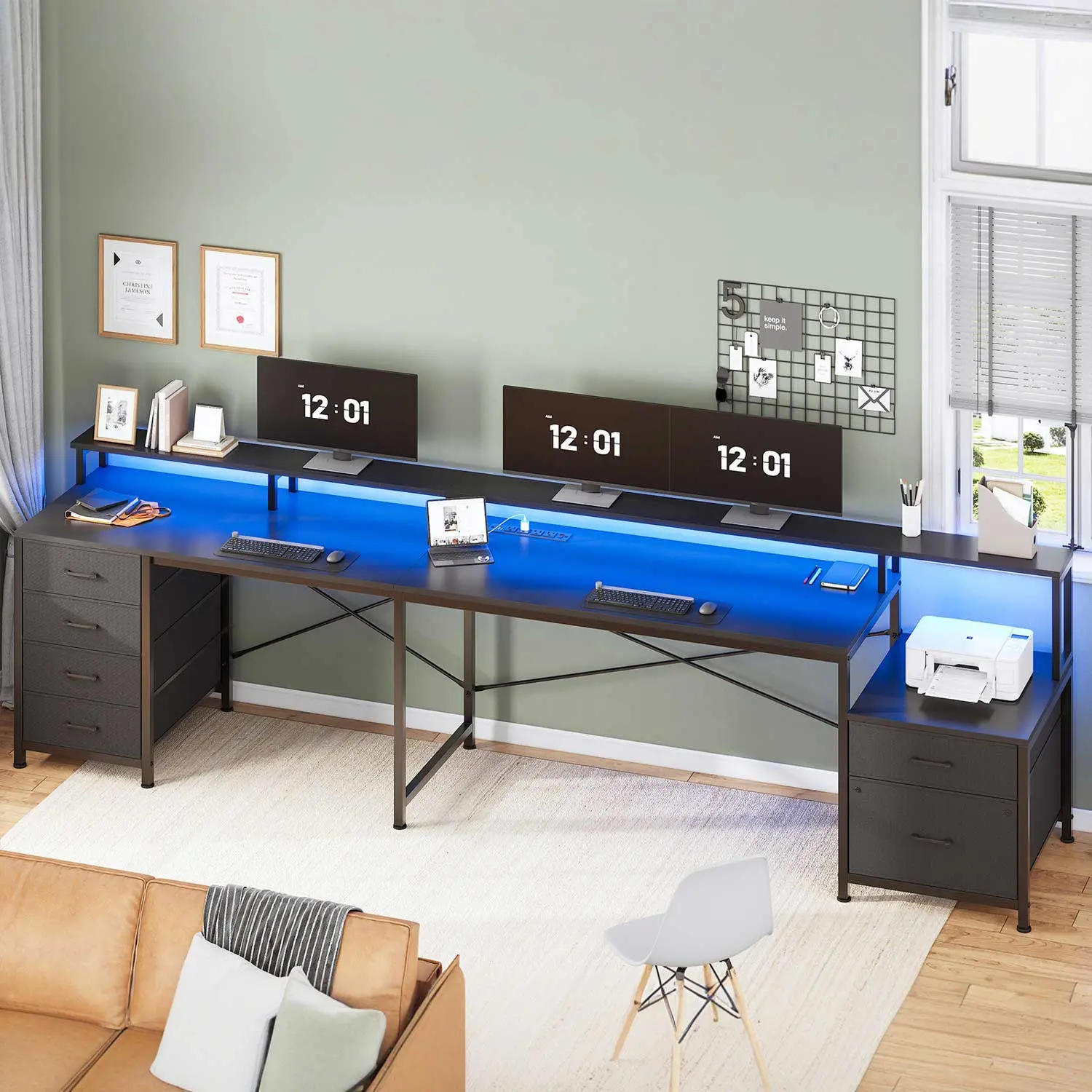 Sedeta Modern Sturdy Computer Desk - L-Shaped Wood & Metal 2-Person Corner Home Office Desk with Drawers, File Drawer, Power Outlet, Storage Cabinet, Home Office Desks