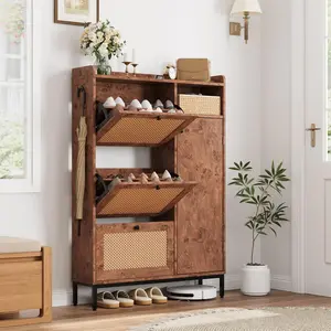 【Christmas Gift】Freestanding Multifunctional Storage Shoe Cabinet with 3 Flip Drawers and Adjustable Side Cabinets, Rattan Wooden Shoe Rack Umbrella Storage Cabinet, Shoe Cabinet for Hallway, Living Room, Entryway Rustic Brown Organiser Boho Metal