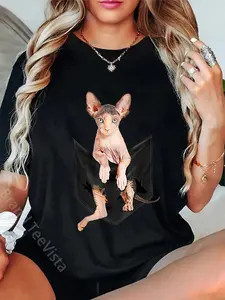 100% Cotton Unisex Sphynx Cat in Pocket T-Shirt Cats Tee Shirt Gifts Men Women T-Shirt Vingate Printed Casual Round Neck T shirt