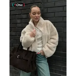 Women's Fitted Stand Collar Zipper Casual Fashion Warm Plush Short Jacket Coat Stylish Outerwear for Fall & Winter Seasons