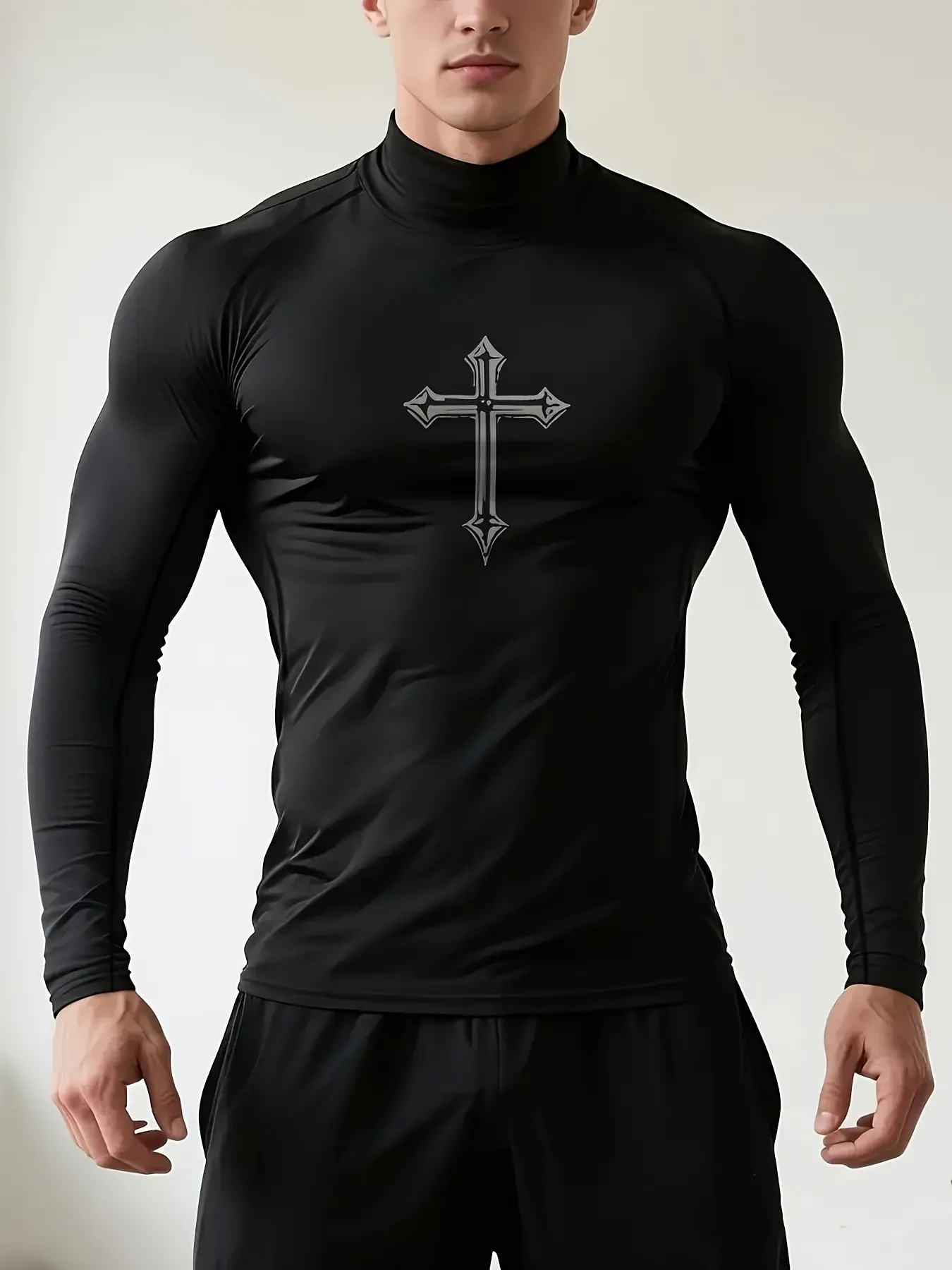 Men's Compression Mock Neck Long Sleeve Shirts, Cross Print Athletic Base Layer, Quick Dry Workout Top for Gym, Running & Training