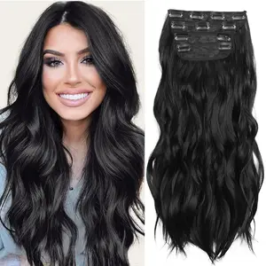 Black 20 Inch Clip in Hair Extensions Long Wavy Thick Hairpieces Natural Synthetic (20Inches, 4Pcs, #1B)