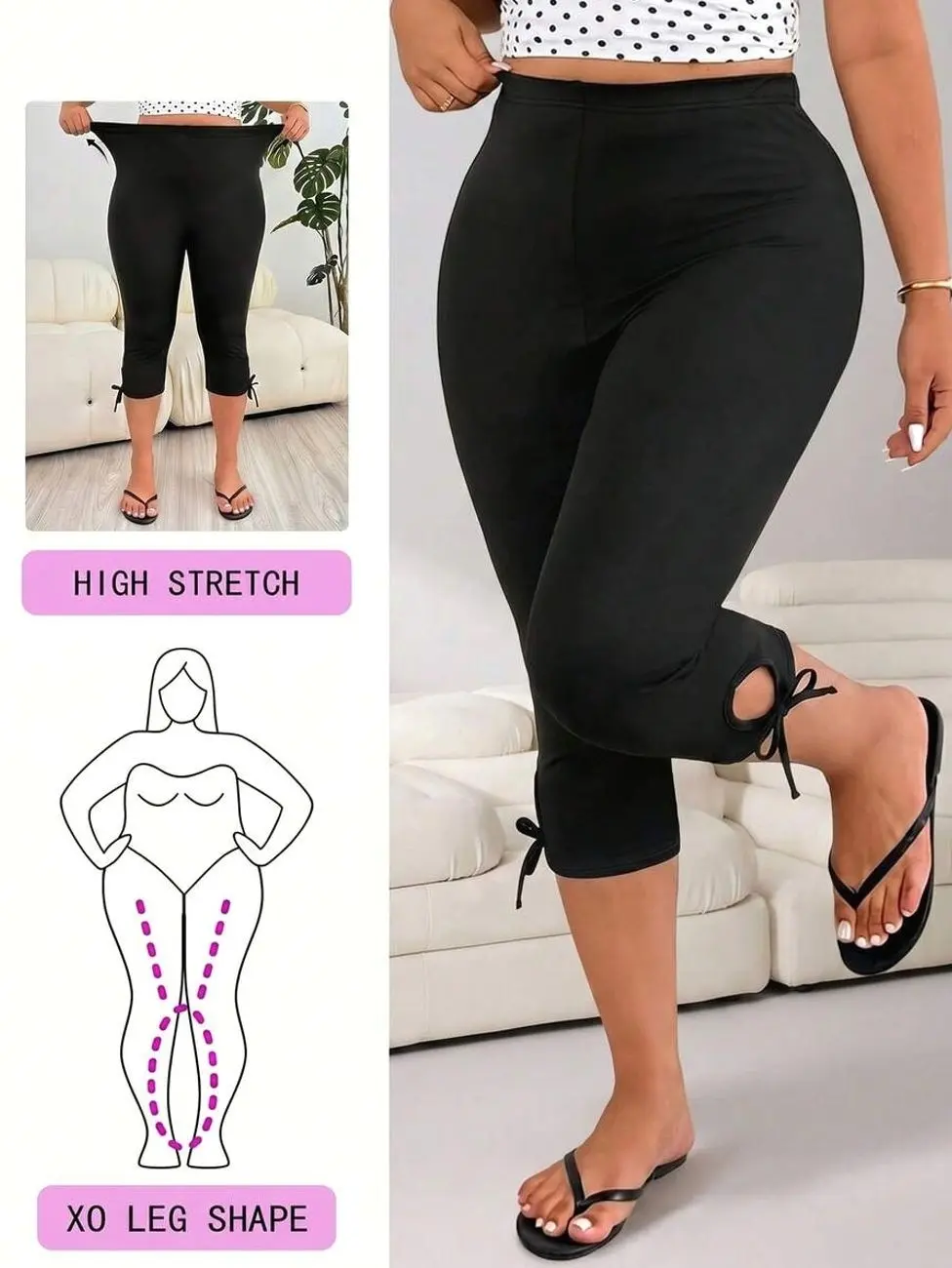 High Waisted Capris Leggings Plus Size Black Stretchy Knit 3/4 Trousers for Casual Summer Office Wear