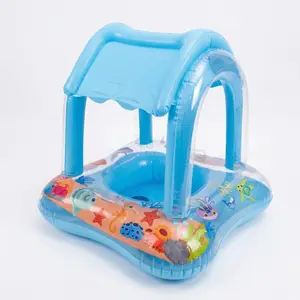 Inflatable Pool Float with Removable Sun Canopy, Cute Marine Animal Print Swim Float with Built in Seat, Portable Water Float for Pool & Beach