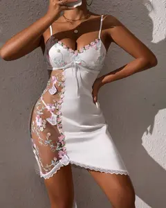 Lingerie Lace See-through Nightdress Lace Stitching White Powder Slip Dress Flowers Embellish Butterfly Dance Beautiful Skirt Two-piece Set Womenswear Loungewear night gown women Nightwear Comfort Sleeveless Sexy Skinny Slim Spaghetti Strap