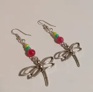 Dragonfly Fairy in the Moon Bumble Bee Handmade Earrings with Turquoise and Purple Beads