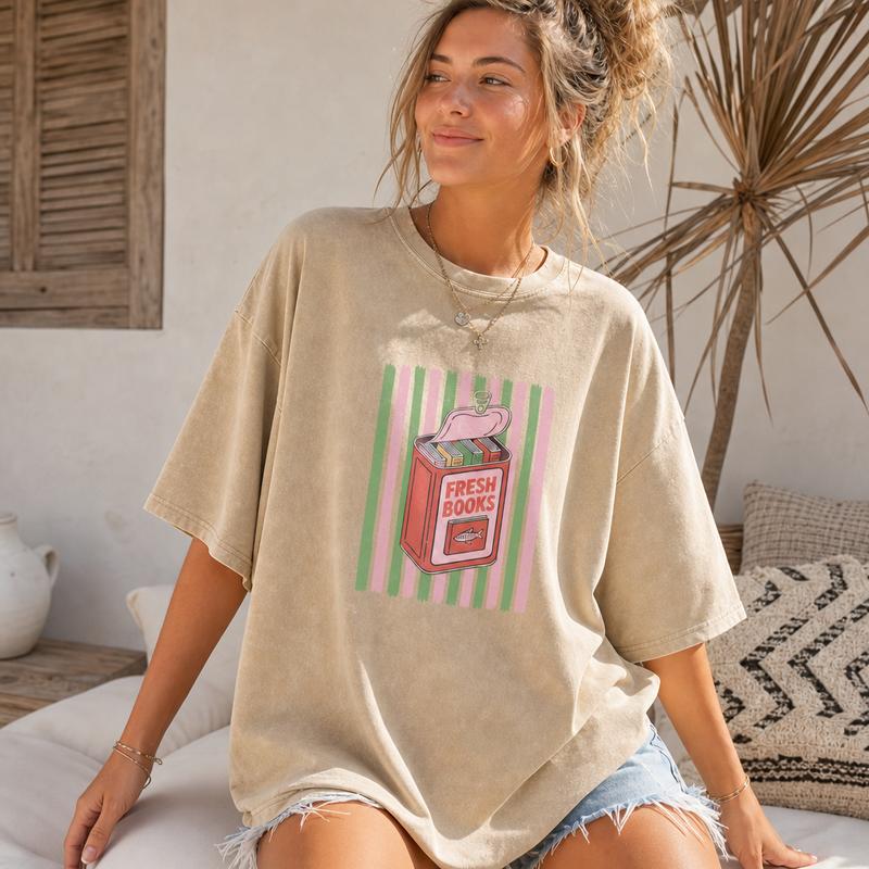 Coquette Fresh Books Graphic Tee for Women, Washed Cotton Oversized Bookish Shirt S-5XL