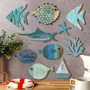 Mini Wooden Ocean Theme Fish Starfish Coral Wall Decor, Vintage Farmhouse Bathroom Bedroom Decoration, Wooden Wall Art (DIY Adhesive)