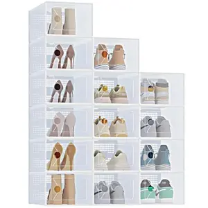 Stackable Shoe Storage Boxes with Lids, Modular Large Shoe Rack & Organizer Shelf, Transparent Front Panel for Easy Display & Identification, Breathable Hole Design to Keep Shoes Fresh, Sturdy Interlocking Structure for Customizable Storage