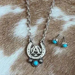 Western Horse Shoe Initial Necklace Set Burnished Silver Turquoise Color Matching Earrings 18" Extension Chain Classic Western Charm