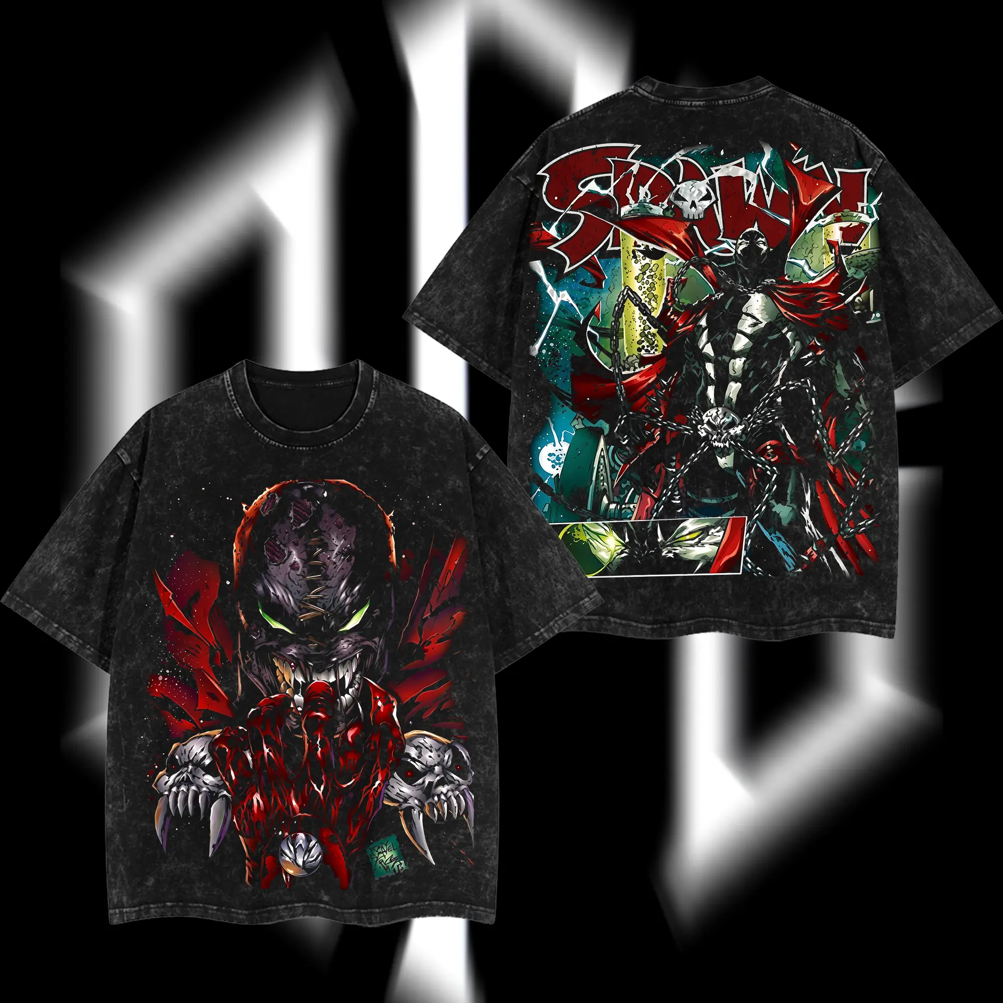 SuperStyle Spawn Men's Oversized Seamless Casual Fashion Cotton T-Shirt - Image Comics Dark Hero Agent of Hell Double-Printed, Lightweight Acid-Washed Soft-Fit, TV Series Graphic Superhero Streetwear Apparel