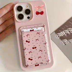 2pcs Cherry Bow Card Holder + Alligator Skin Phone Case for iPhone 16 16e 15 14 13 12 11 Pro Max X XR XS 8 7 Plus