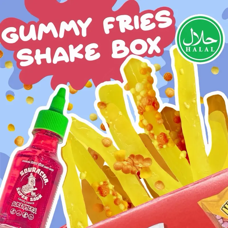 Halal Gooey Gummies DIY Box - Gummy Fries Shake Box Sour Candy with Crunchy Topping - Fun Gift for All