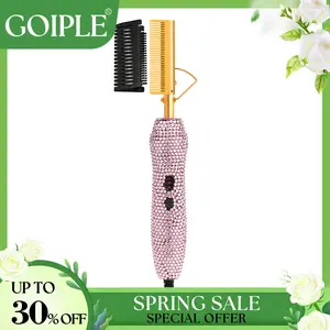 【Spring Glow-Up】Diamond Electric Hot Comb Hair Straightener Hair Curler Curling Comb for Natural Hair Wigs Anti-Scald Case Adjustable Heat Multifunctional Styler
