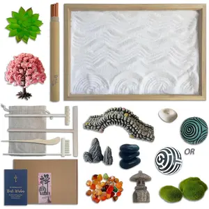 Threeheng Mini Japanese Zen Sand Garden Kit for Desk, Muti-Functional Sand Tray Therapy Kit with Bamboo Tray - Includes Ball Insense Holder Crystals and More for Meditation, Gifts (Bamboo)