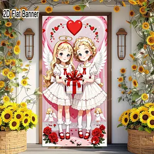 2D flat banner, 1pcValentine's Day Cute Angel Girls Gift Box Backdrop, Romantic Red Heart Rose Background for Party Decor, White Blonde Angel Wings Knee-High Socks Shoes Scene Decorgalentines party decor, valentine day decor, decorations for valentin