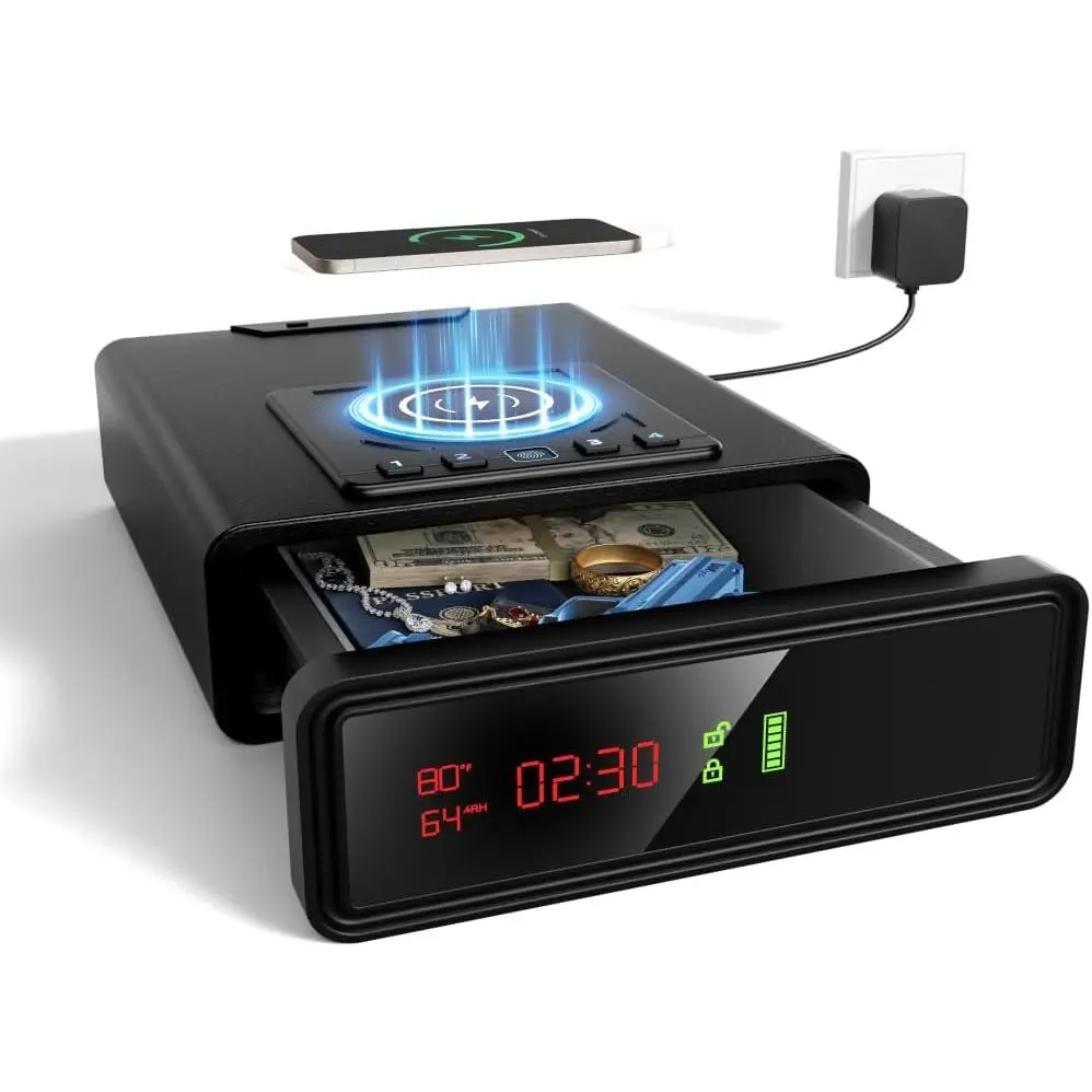 Biometric Smart Safe with Wireless Charging for Phone and Watch, Quick Access with Backlit Keypad,Auto Open Drawer Gun Lock Box with Humidity,Temperature, Digital Clock,LED Screen 1PCS