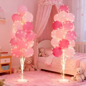 2 Sets Balloon Arch Stand with Base and String Light, Balloon Column Stand Kit for Floor Decorations for Valentine's Day BabyShower Graduation Birthday Wedding Party