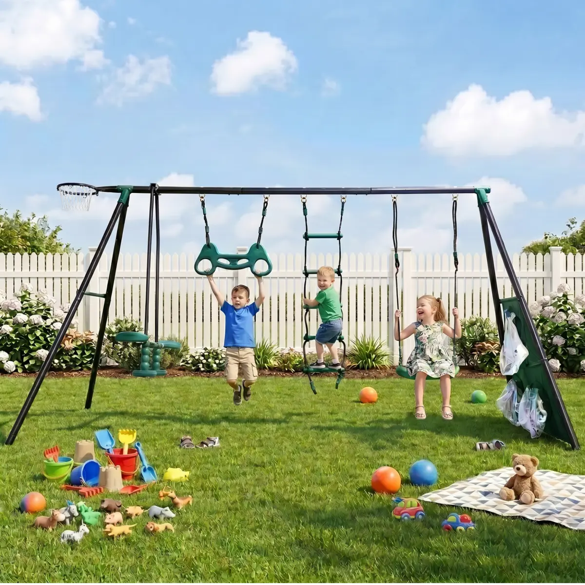 Aobtkel 4 in 1 Kids Swing Set Face to Face 2-Seat + Basketball Hoop + Suspension Rings Heavy Duty 550lbs Steel Frame Outdoor Backyard Playset Playground for Toddlers Children Age 3+ Boys Girls Gift Black Green Easy Assembly Summer Fun