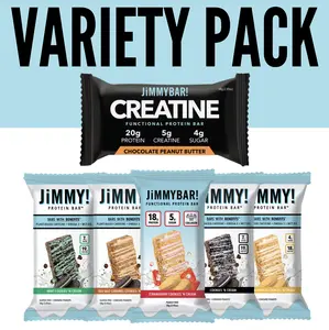 JiMMYBAR! Protein Variety Pack - 20g Protein, Creatine, Collagen, Caffeine, Omega-3s, MCT Oil for Brain Health - Real Peanuts, Chocolate, Strawberry, Vanilla Snack/Meal Vitamin Milk
