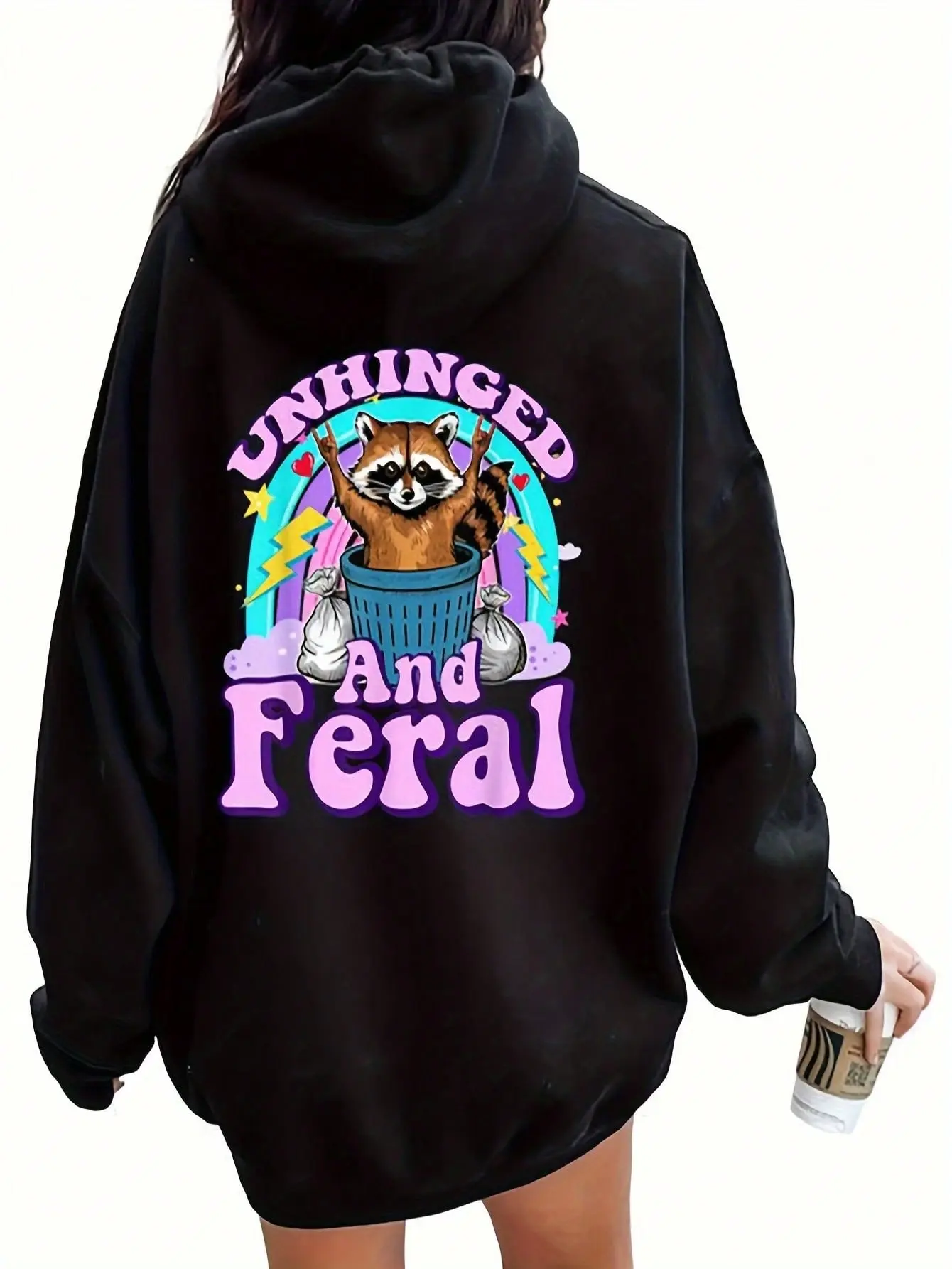 Women's Printed Raccoon "Unhinged and F3RAL" Long Sleeve Pullover Hoodie Sweatshirt - Soft Fabric, Fashion Fit, Sizes S-3X, for Raccoon Lovers, Casual Black, Everyday Outfits, Pair with Joggers, Women's Clothes, Longsleeves, Tops, Sizes S-3Xl, Raccoon Pri