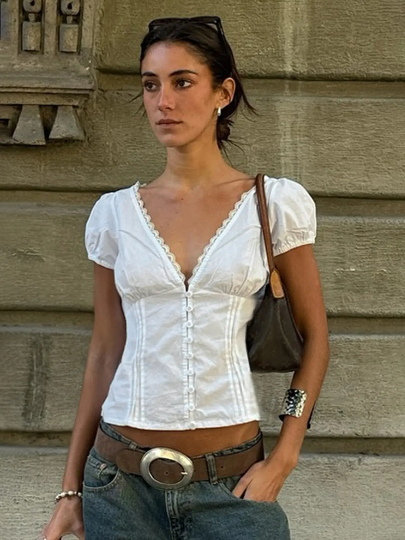 Street Style Casual Solid Fitted Deep V-Neck Lace Trim Puff Sleeve T-Shirt Blouse. Minimalist Basic Versatile Button Cut-Out Shirt. Niche Hot Girl Sexy Summer Short Sleeve Top. Blouses Shirts Tops