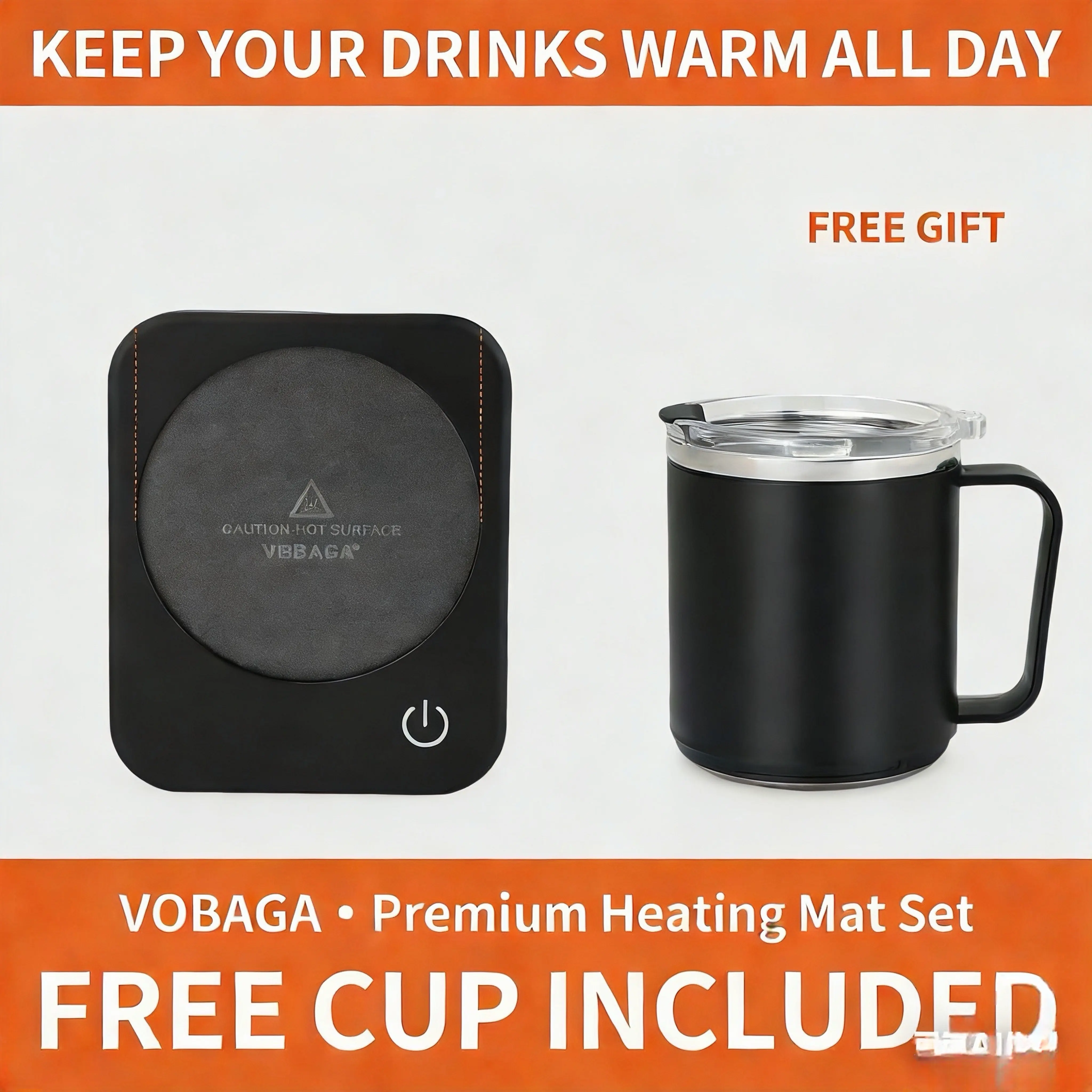VOBAGA Self-heating Drink Warmer Set with 15oz Stainless Steel Stylish Coffee Mugs - 3 Temp Settings, 4-Hour Auto Shutoff, Smart Safety Protection, Portable Gift for Adults (Bedside Tables, Office Desks, Birthdays)