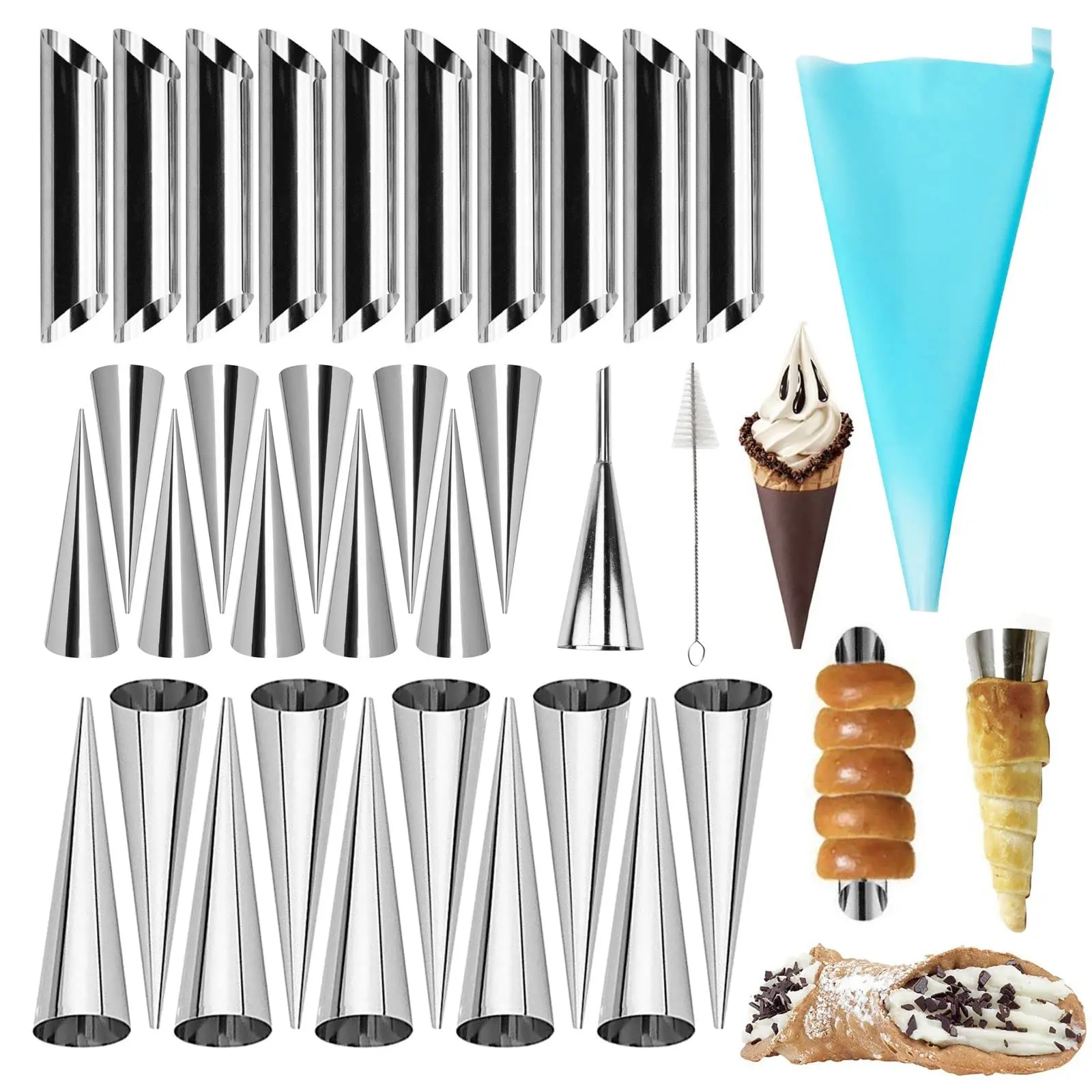 30pcs Stainless Steel Baking Mold Kit - 20pcs Cone-Shaped, 10pcs Tubular Cream Horn Molds, Cannoli Forms for Danish Pastry, Cream Roll, Kitchen Bake Use (Nozzle-Compatible, a-set of 33)