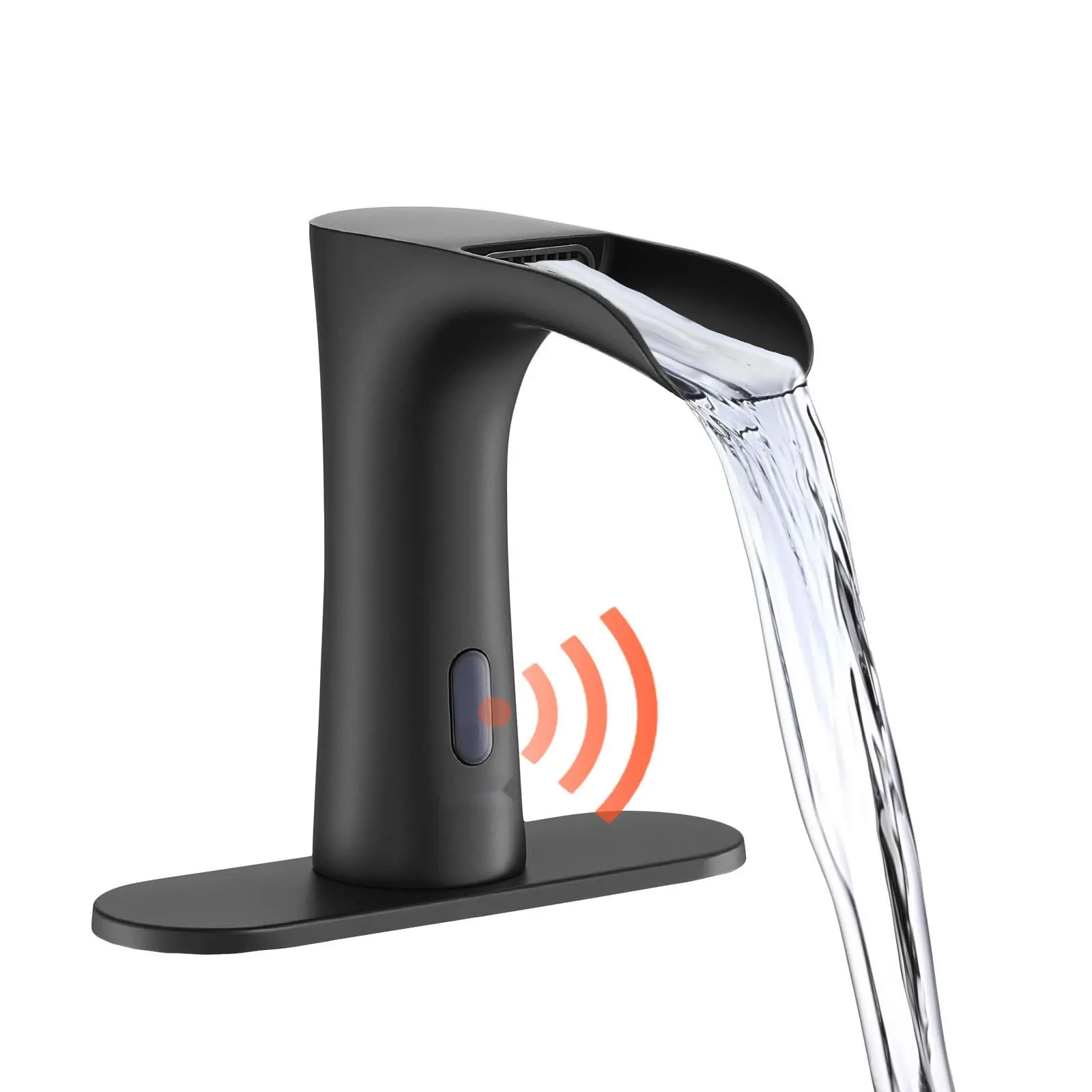 Touchless Bathroom Sink Faucet, Automatic Motion Sensor Waterfall Spout For Restroom And Commercial Use, Hole Cover Plate Included, Modern Electronic Sensor For Hot/Cold Water, 9/16 Inch Pipe Connection, Matte Black Finish