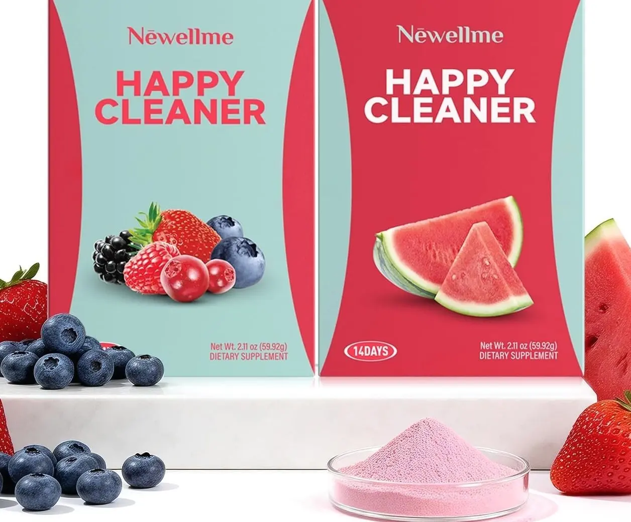 NEWELLME Happy Cleaner Superfood Powder | Digestive & Gut Health, Prebiotics & Probiotics for Women & Men, Support for Bloating & Regularity, Vegan Sugar-Free, Watermelon & Berry Flavors, 28 Sachets