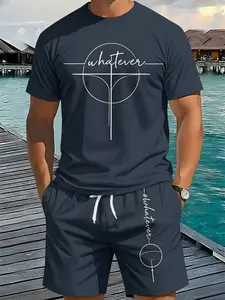 Navy blue casual two-piece set with minimalist geometric line pattern and symbols, 3D digital print. 2Pcs, trendy fashion outfit, retro casual two-piece suit, stylish vacation wear, breathable sporty casual style, an ideal holiday gift for men