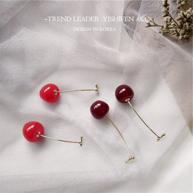 2 Pairs Cute Cherry Drop Earrings Vibrant Red Dark Red Fruit Themed Gold Metal Stem Elegant Casual Fashion Earrings for Girls Gift