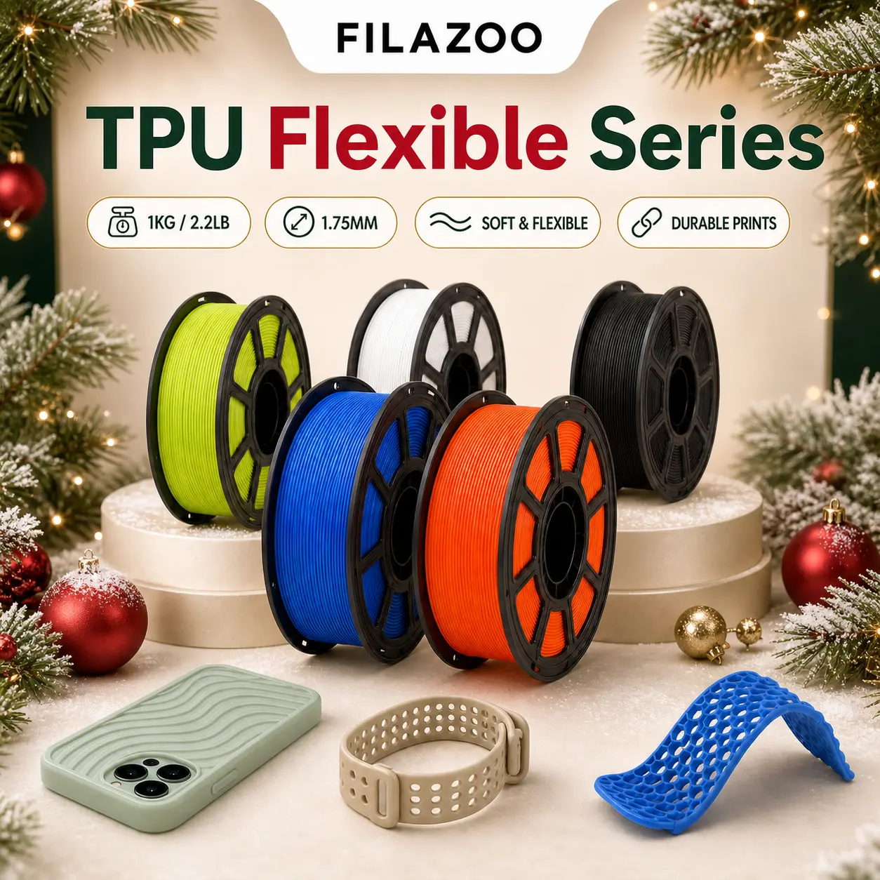 FILAZOO TPU Flexible 3D Printer Filament 1.75mm 1KG Spool | Soft High Elasticity Rubber Like | Clog-Free Easy Printing | Compatible with Bambu Lab X1/P1S/A1, Creality Ender 3, FDM 3D Printers Flexible Phone Case Parts