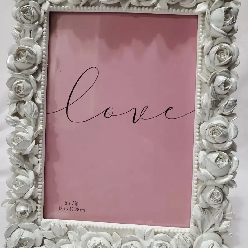 7" x 5" Picture frame Ceramic 3D white roses Vintage Looking