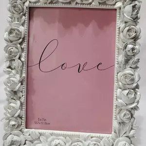 7" x 5" Picture frame Ceramic 3D white roses Vintage Looking