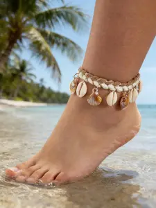 Boho Style Polyester Braided Rope Anklet, Acrylic Scallop Pattern, Perfect for Women's Beach Vacation Jewelry, Unique Footwear Accessory