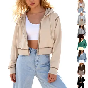 Buenoble Women’s Cropped Zip Up Hoodie Long Sleeve Sweatshirt with Contrast Stitch Casual Loose Fit Jacket