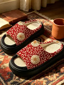 New Traditional Sole Sunflower Embroidered Home Slippers, Waffle Linen Texture, Thick Soft Elastic National Style Flip Flops