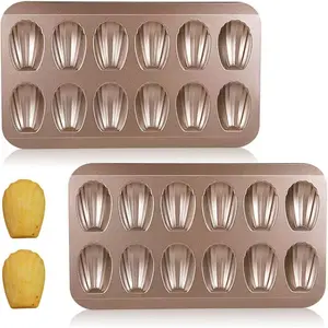 2 Pack Madeleine Pans for Baking 12 Cavity Heavy Duty Shell Shape Baking Mold Nonstick Cookie Cake Pan for Oven (Gold)