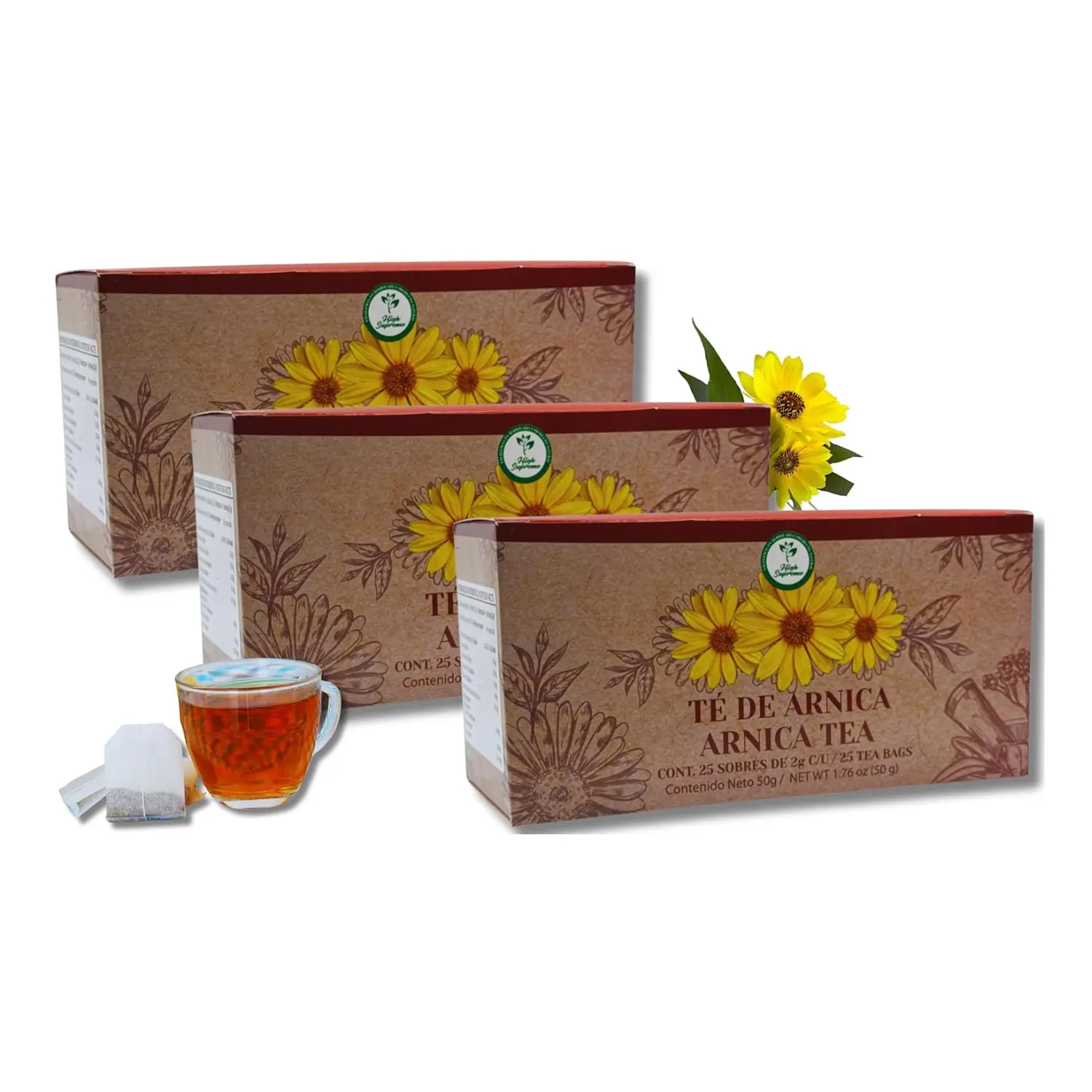 Arnica Te – 100% Natural, Vegan – 25 Arnica Tea Bags (3 Pack, 75 Total) – Made in Mexico – Herbal Infusion – Caffeine-Free, Non-GMO – by High Supreme Beverage