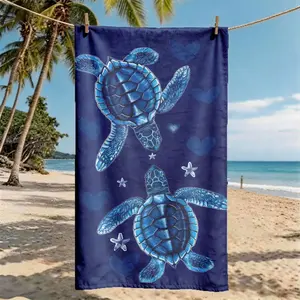 A Navy Blue Turtle and Starfish Printed Beach Towel - Oversized, Skin-friendly, Absorbent and Quick-drying, Perfect for Beach and Pool Leisure, Ideal for Summer Trips - Suitable for Seaside Vacations, Pool Parties and Outdoor Picnics