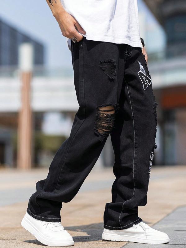 Men's Black Ripped Patched Wide-Leg Denim Jeans, Personalized Patches + Trendy Rips, a Must-Have for Street Trendsetters!
