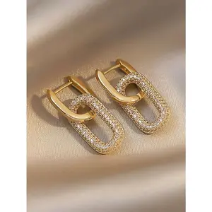 1 Pair Geometric Double-Hoop Copper & Cubic Zirconia Dual-Use Earrings, Suitable For Women's Daily Dates, Parties, And Gift Giving