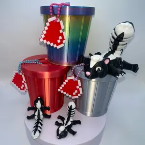 Unique Collectible Mama Skunk Pocket Pet Figurine Set with 2 Mini Baby Figurines, 8-Bit Heart Keychain, Trash Can - Fidget Desk Buddy for Home Decor Gifting