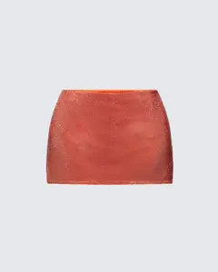 Rhinestone Embellished Micro Mini Skirt in Orange - Women's Fitted Pull-On Style for a Sparkly Night Out