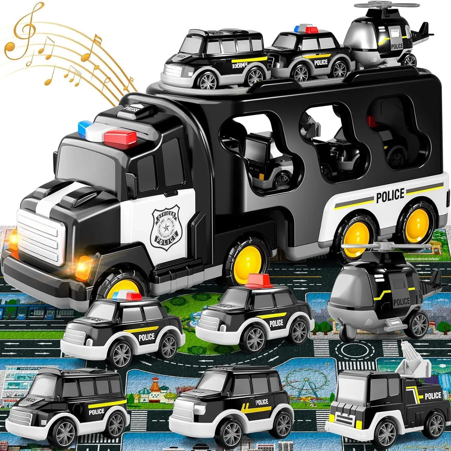 7-in-1 Plastic Police Truck Toy - Friction Power Kids Play Vehicles, Unisex Christmas Birthday Gifts