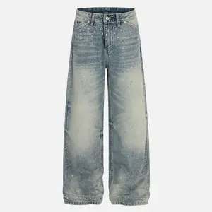 Aelfric Eden Rhinestone  Washed Wide Leg Jeans High Waist Baggy Loose Wide Leg Vintage Gradient Washed Heavyweight Denim Casual Streetwear Unisex Bottoms